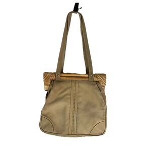 Vintage Rattan Handle Tan Canvas Satchel Purse Attached Coin Purse‎ Boho Retro